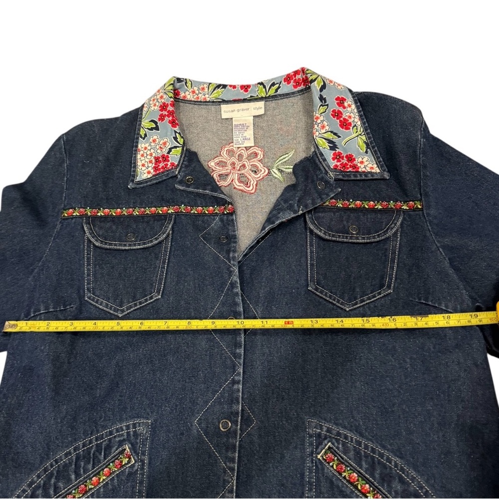 Trucker style jacket by Susan Graver Upcycled Floral Collar, Embroidered Trim - Picture 4 of 7